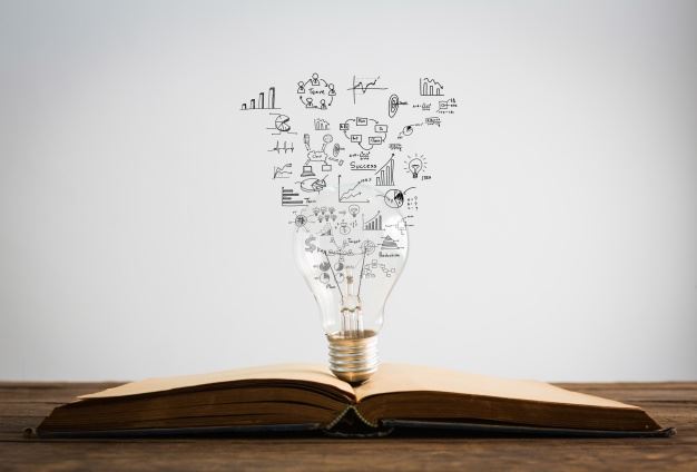 Lightbulb on an open book, with a sketch of business concepts and charts emerging from the filament.